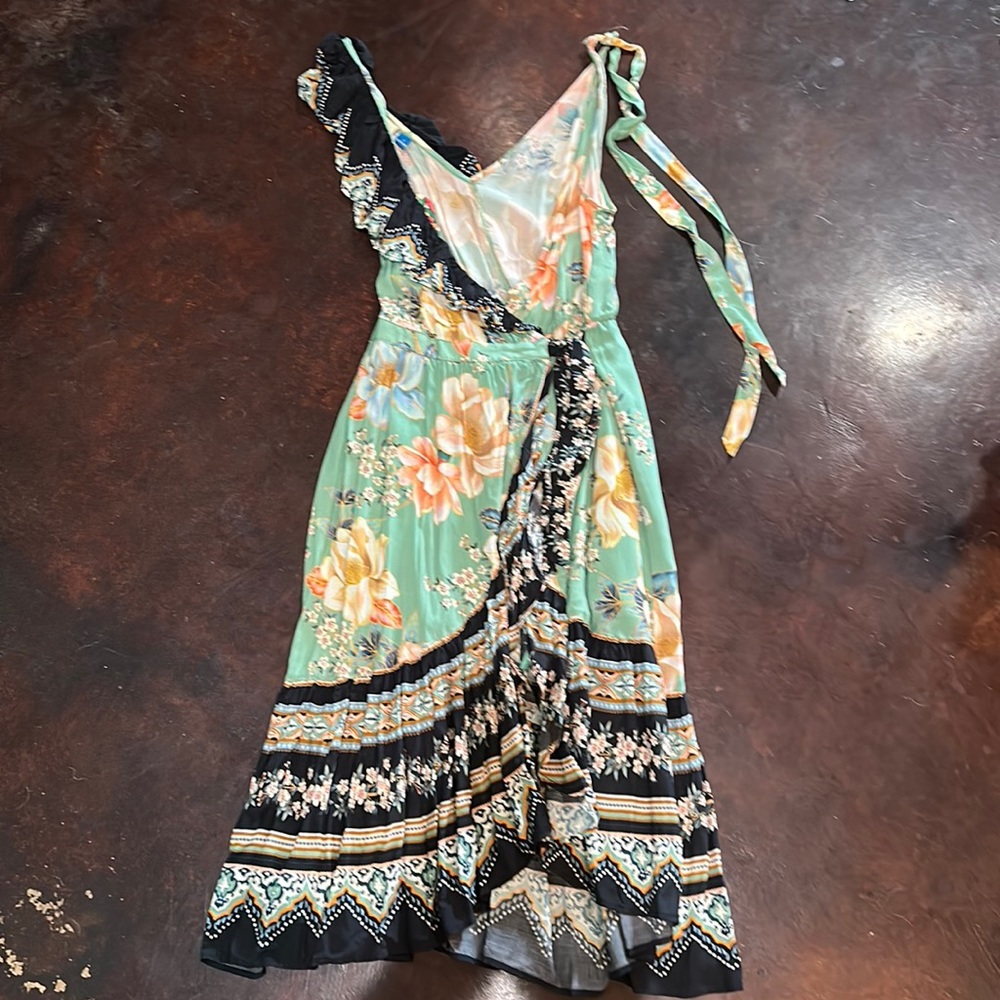 FARM Rio One-Shoulder Floral Wrap Dress in Mint, Black, Peach